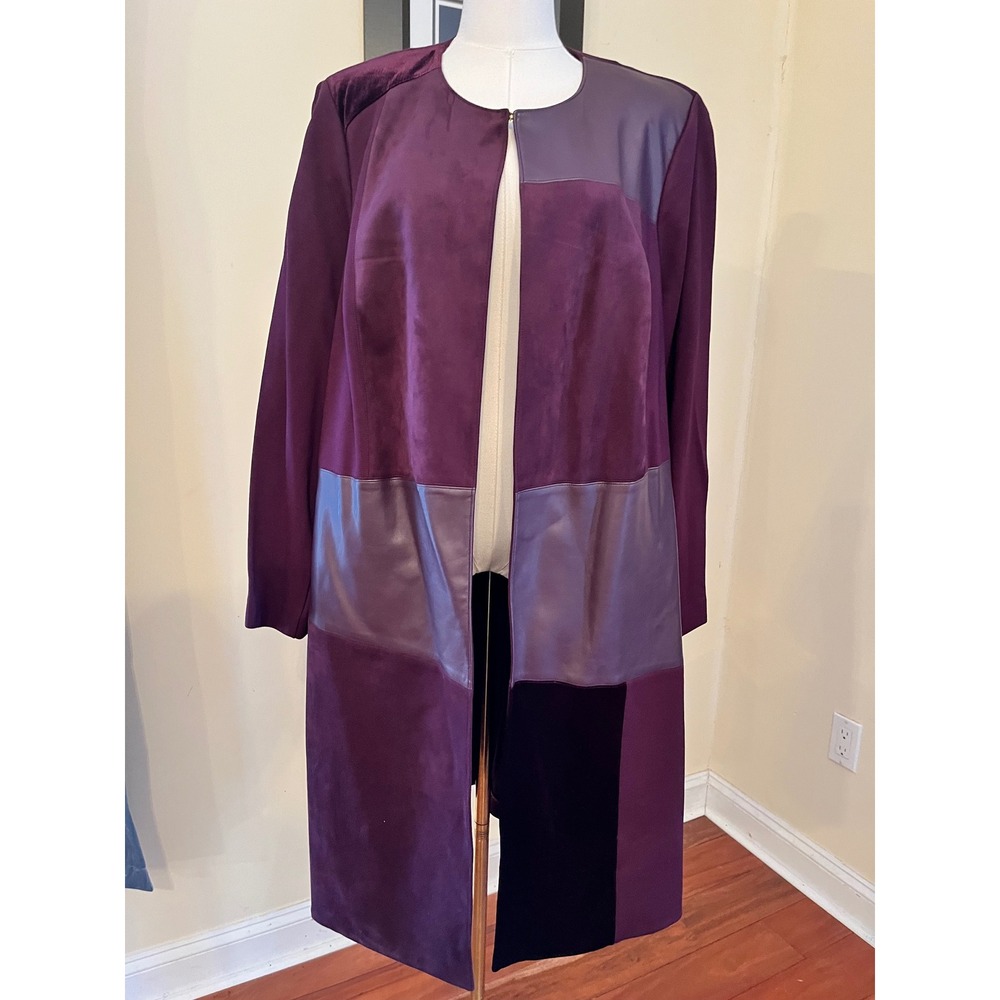 NWT Calvin Klein Mixed Media Plum Faux Suede Leather Velvet Long Jacket Size 16W - Picture 2 of 7